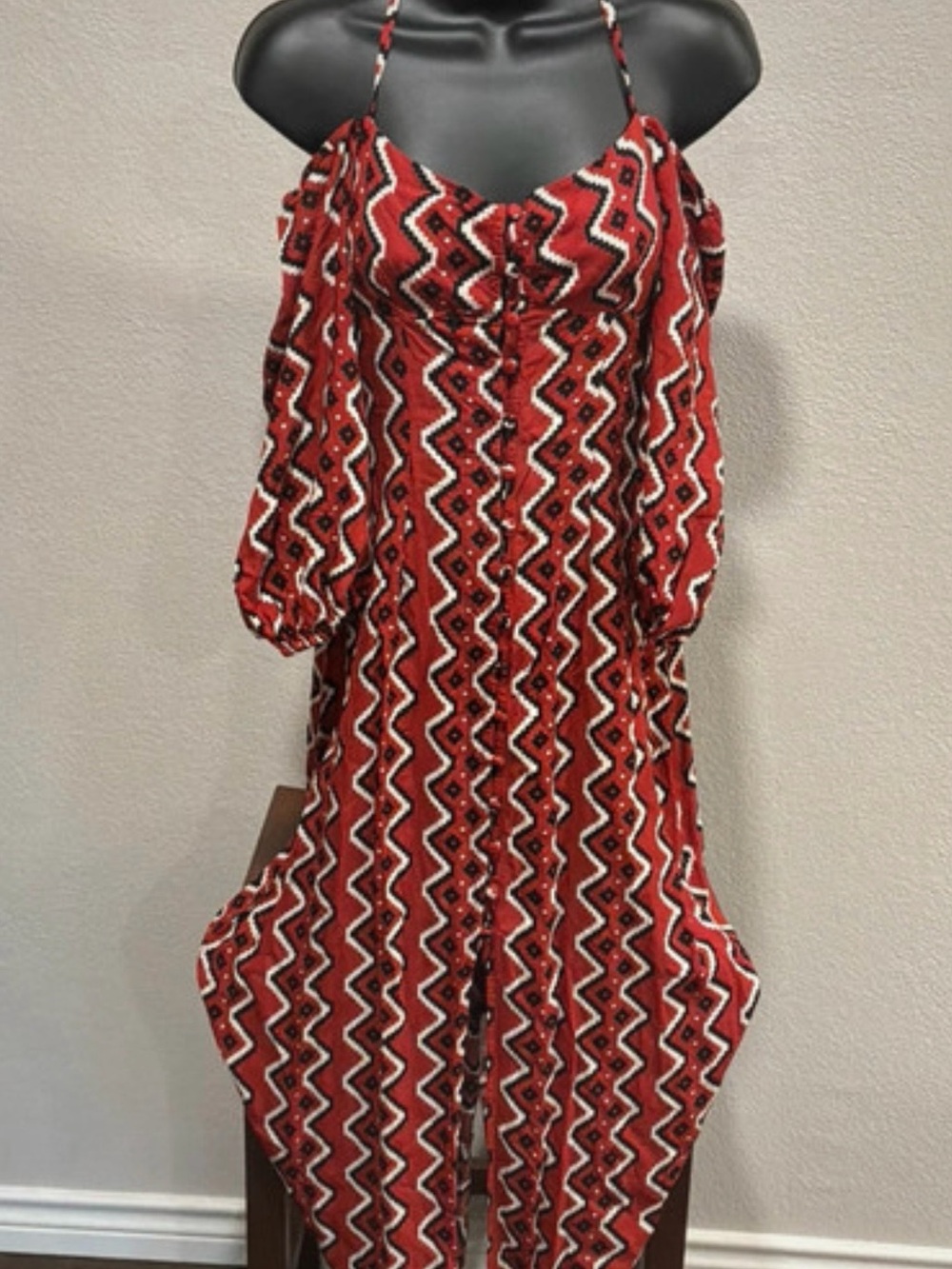 Red Zigzag Cold-Shoulder Maxi Dress with Button Front